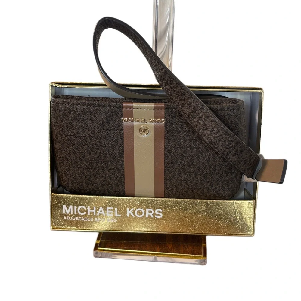 Michael Kors Monogram Crossbody Bag Brown Stripe Adjustable Belt Bag MK Signatu